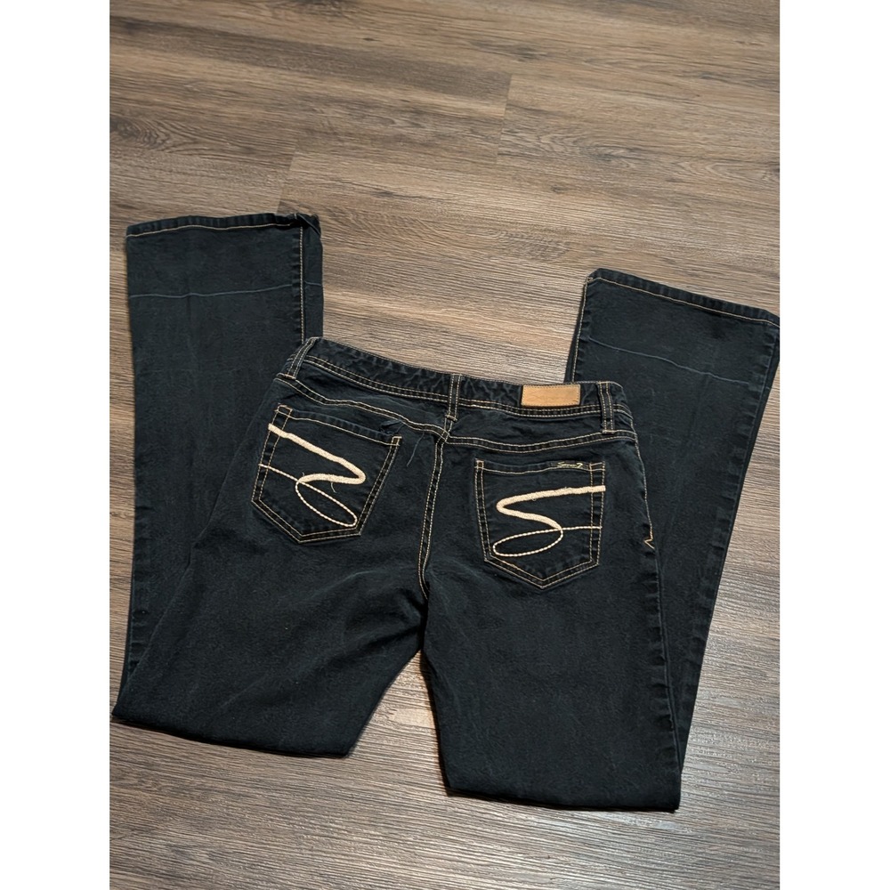 Seven7 Flare Jeans Womens 31x32 Black Dark Wash Embroidered Back Pocket Y2K Boho